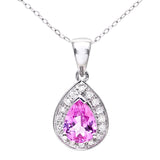 Bezel Set Pear Shape Created Pink Sapphire And 0.1ct Diamond Teardrop Halo Pendant In UK Hallmarked 9ct White Gold