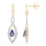 0.9ct Pear Shape Tanzanite And Pave Set Diamond Drop Earrings In 9ct Yellow Gold