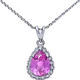 1.54ct Pear Shape Created Pink Sapphire And Diamond Teardrop Pendant In UK Hallmarked 9ct White Gold
