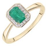 0.6ct Octagonal Emerald And Round Diamond Cluster Ring In UK Hallmarked 9ct Yellow Gold