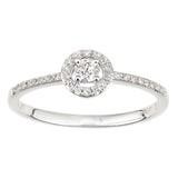 0.22ct Round Diamond Prong Set Halo Engagement Ring With Side Stones In UK Hallmarked 9ct White Gold