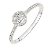 0.22ct Round Diamond Prong Set Halo Engagement Ring With Side Stones In UK Hallmarked 9ct White Gold