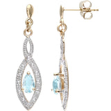 0.5ct Pear Shape Blue Topaz And Pave Set Diamond Drop Earrings In 9ct Yellow Gold