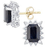 2.2ct Emerald Cut Black Sapphire And Diamond Cluster Stud Earring In 9ct Yellow Gold