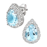 2.55ct Pear Shape Blue Topaz And 0.13ct Diamond Cluster Stud Earring In UK Hallmarked 9ct White Gold