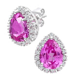2.55ct Pear Shape Created Pink Sapphire And 0.13ct Diamond Cluster Stud Earring In UK Hallmarked 9ct White Gold