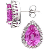 2.55ct Pear Shape Created Pink Sapphire And 0.13ct Diamond Cluster Stud Earring In UK Hallmarked 9ct White Gold
