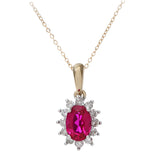 1.1ct Oval Ruby And 0.25ct Diamond Cluster Pendant In UK Hallmarked 9ct Yellow Gold