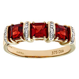 1.36ct Garnet 3-Stone Ring With Pave Set Diamonds In UK Hallmarked 9ct Yellow Gold