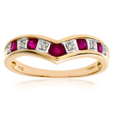 0.46ct Round Ruby And Diamond Pave Set Wishbone Eternity Ring In UK Hallmarked 9ct Yellow Gold