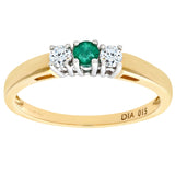 0.15 Round Diamond And 0.13ct Emerald 3 Stone Ring In UK Hallmarked 9ct Yellow Gold