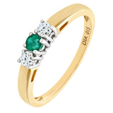 0.15 Round Diamond And 0.13ct Emerald 3 Stone Ring In UK Hallmarked 9ct Yellow Gold