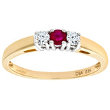 0.15 Round Diamond And 0.19ct Ruby 3 Stone Ring In UK Hallmarked 9ct Yellow Gold