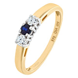 0.15 Round Diamond And 0.15ct Sapphire 3 Stone Ring In UK Hallmarked 9ct Yellow Gold