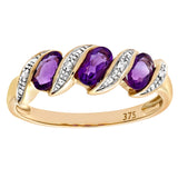 0.59ct Bezel Set Oval Amethyst And Diamond Pave 3 Stone Ring In UK Hallmarked 9ct Yellow Gold