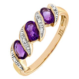 0.59ct Bezel Set Oval Amethyst And Diamond Pave 3 Stone Ring In UK Hallmarked 9ct Yellow Gold