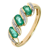 0.69ct Bezel Set Emerald And Diamond Pave 3 Stone Ring In UK Hallmarked 9ct Yellow Gold