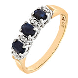 0.86ct Oval Sapphire And Diamond Claw Set 3 Stone Ring In Uk Hallmarked 9ct Yellow Gold