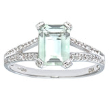 1.52ct Green-Amethyst Emerald Cut Solitaire Split Shoulder Ring With Pave Set Side Stones In UK Hallmarked 9ct White Gold