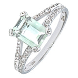 1.52ct Green-Amethyst Emerald Cut Solitaire Split Shoulder Ring With Pave Set Side Stones In UK Hallmarked 9ct White Gold