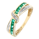 0.53ct Channel Set Square Emerald And Diamond Pave Crossover Eternity Ring In UK Hallmarked 9ct Yellow Gold