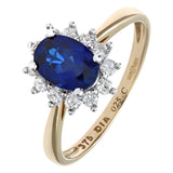 1.09ct Oval Sapphire And 0.25ct Round Diamond Cluster Ring In UK Hallmarked 9ct Yellow Gold